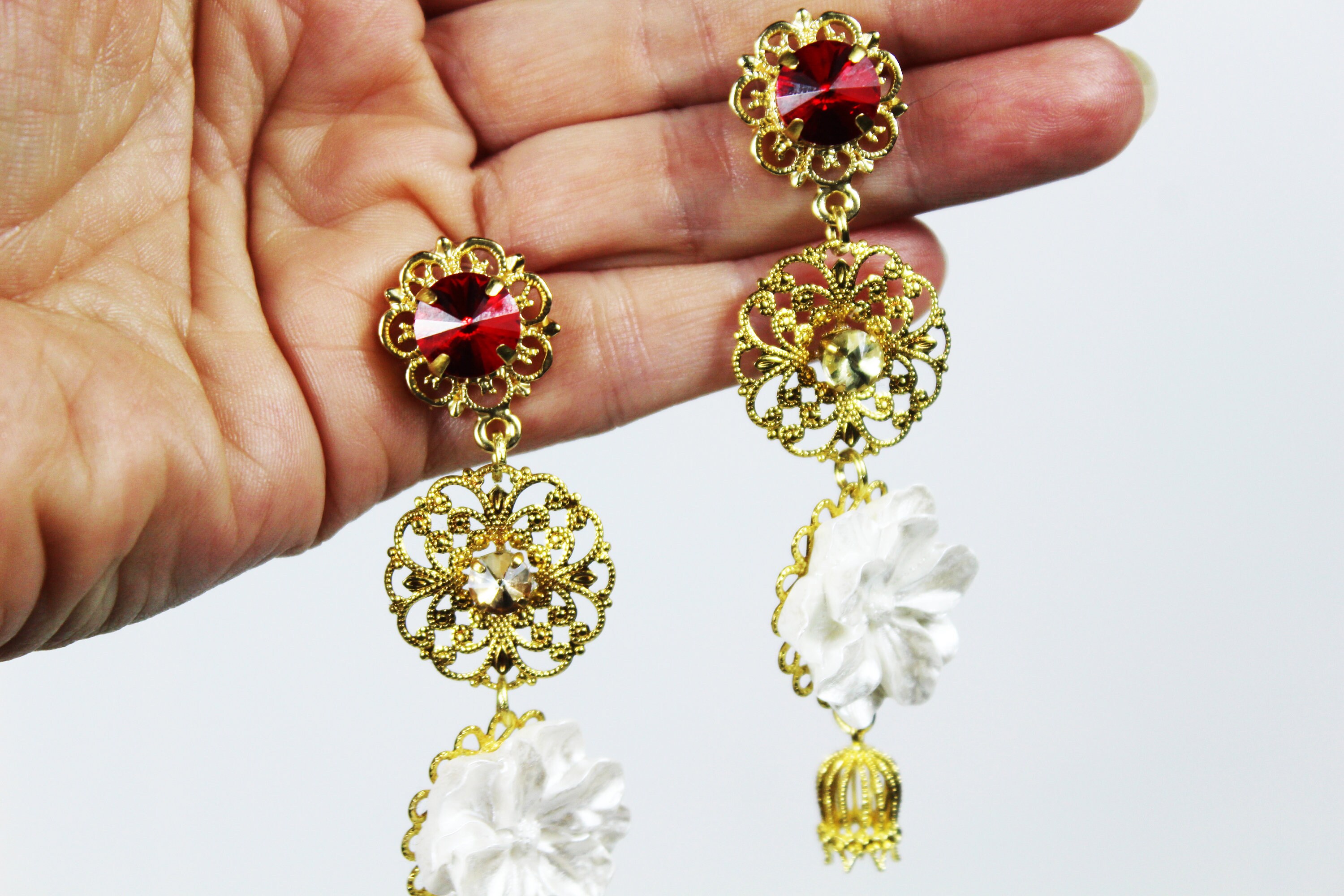 Jeweled Roses Earrings Baroque Crystals White Roses Filigrees Etsy