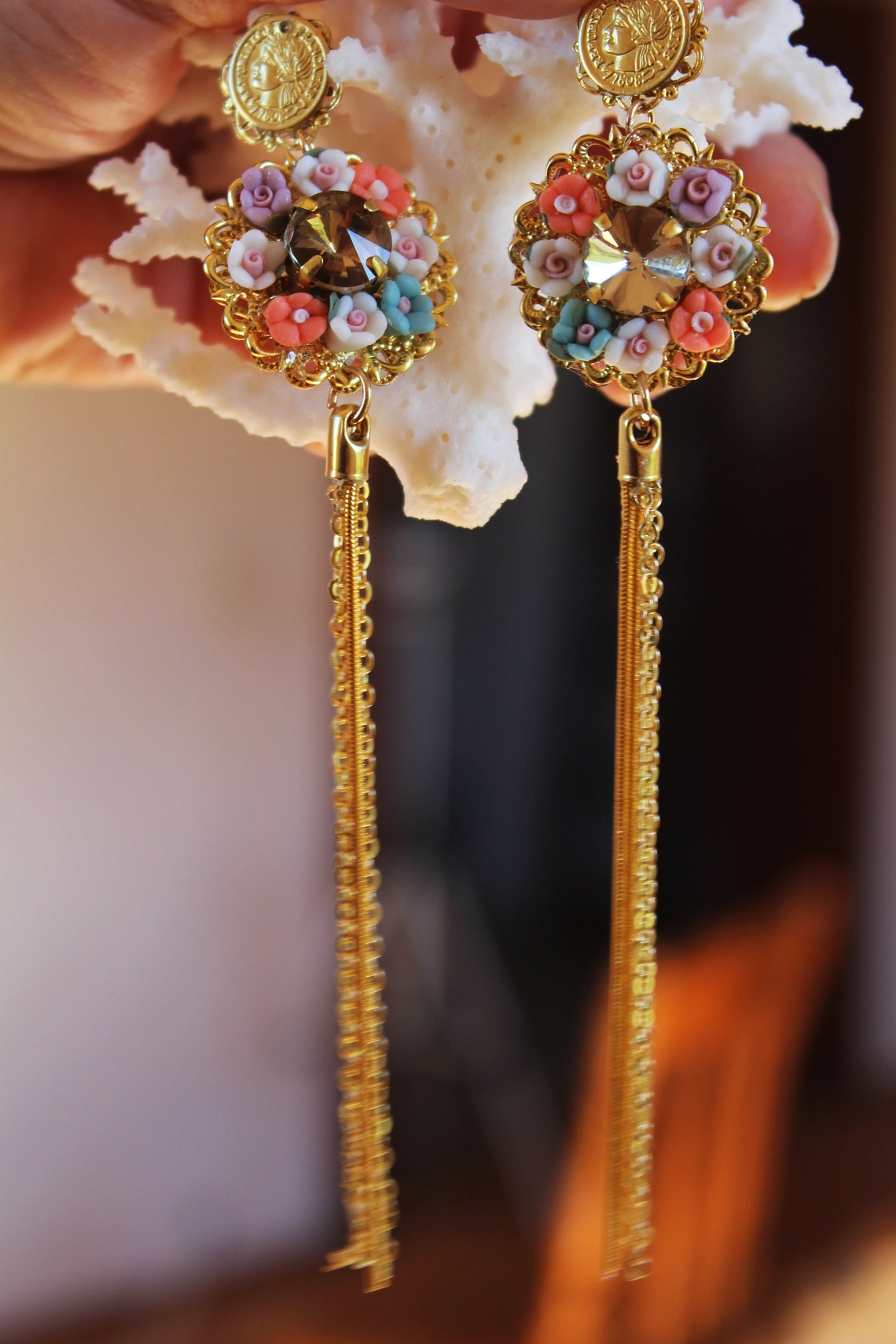 Jeweled Roses Earrings Baroque Crystals Long Pink Roses Etsy