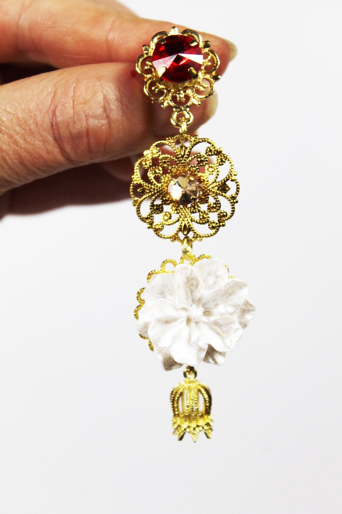 Jeweled Roses Earrings Baroque Crystals White Roses Filigrees Etsy