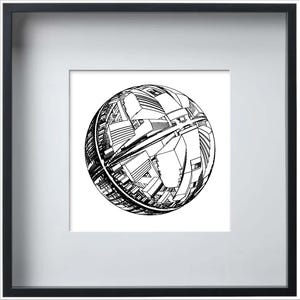 May include: A framed black and white line art print featuring a spherical composition of architectural structures. The drawing depicts a complex, interconnected city-like landscape contained within a circular form, set against a white background.