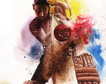 Driven - ORIGINAL framed  Cricket batsman - waterCOlour INK painting by Peter Williams ready to hang.