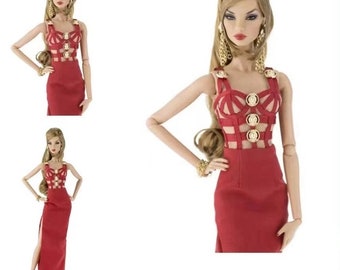 Pre-Order Golden Pin Red Gown Dress for Fashion Royalty, Nu Face, Poppy Parker, 12'' Fashion Dolls Made By TIANTIAN XU