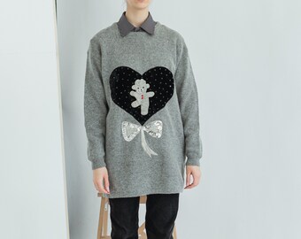 Vintage Long Knitted Angora Wool Jumper with Teddy Bear and Velvet Heart Detail in Grey