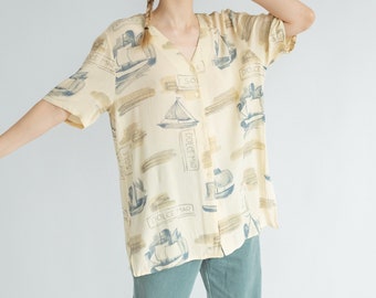 Vintage Oversized Short Sleeve Beige Shirt with Sailboats L