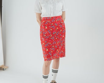 Vintage 90s Floral Printed Midi Pencil Skirt in Red M