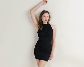 Vintage 90s Grunge High Neck Party Dress in Black Lace XS