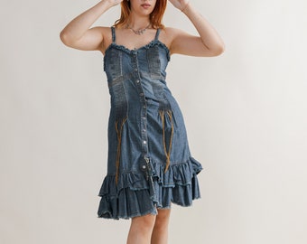 Vintage Y2k Western Strappy Popper Fastening Denim Dress M