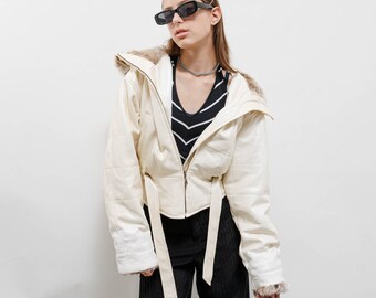 Vintage Y2k White Metallic Faux Fur Puffer Jacket Women S/M
