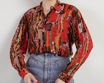 Vintage 90s Artsy Multicolor Long Sleeve Button Women Shirt