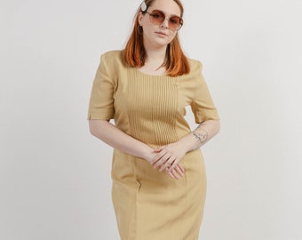 Vintage Short Sleeve Front Pleated Silk Dress in Mustard L