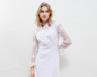 Vintage 70s Boho Ruffle Lace Long Sleeve Wedding Dress S