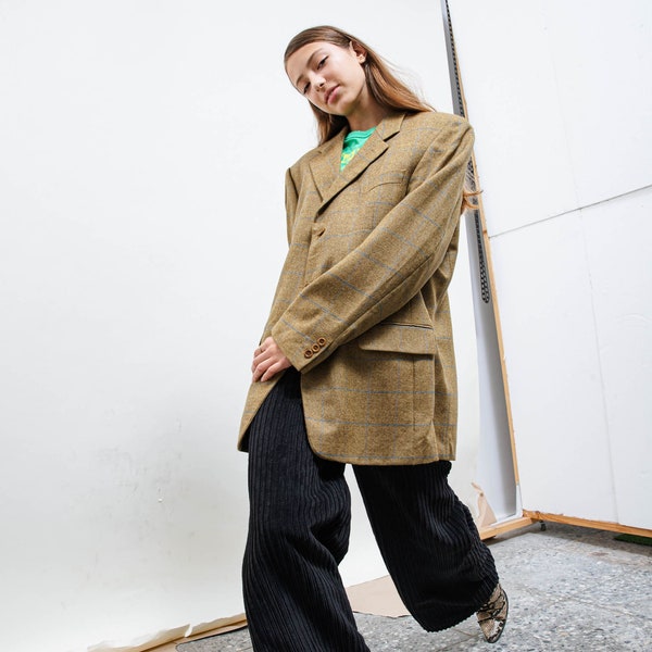 Vintage des années 80, blazer boyfriend en laine à carreaux marron mousse XL