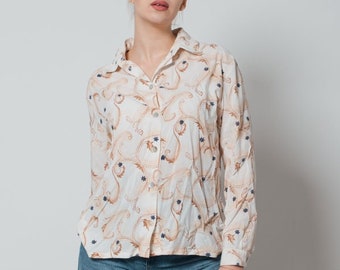 Vintage Long Sleeve Floral Printed Women Shirt in Pastel M