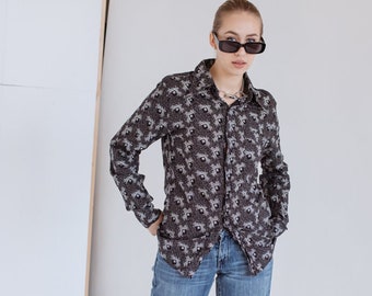 Vintage Long Sleeve Floral Patterned Cotton Shirt in Black M