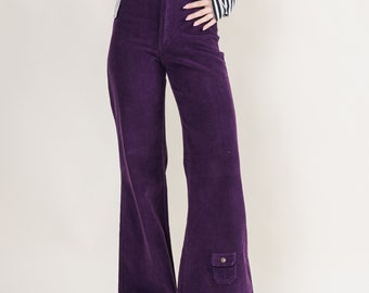 Vintage 70s Style Deadstock High Waist Flared Purple Corduory Trousers XS