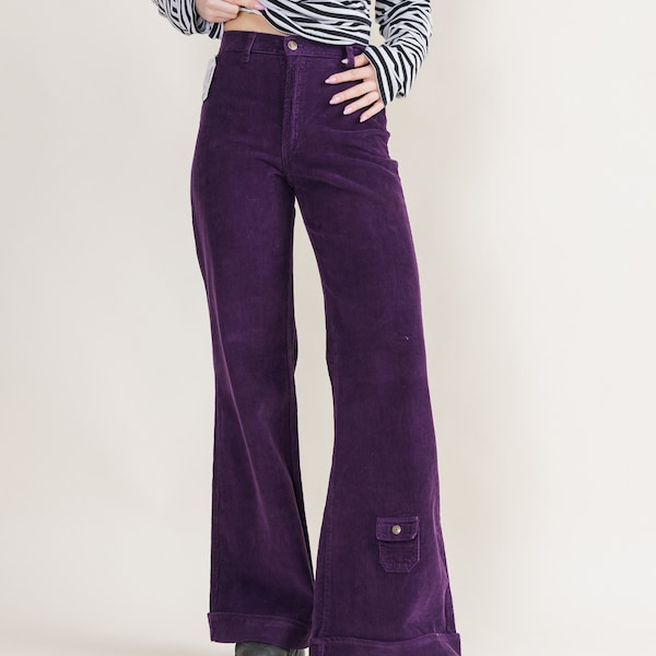 Vintage 70s Style Deadstock High Waist Flared Purple Corduory Trousers XS