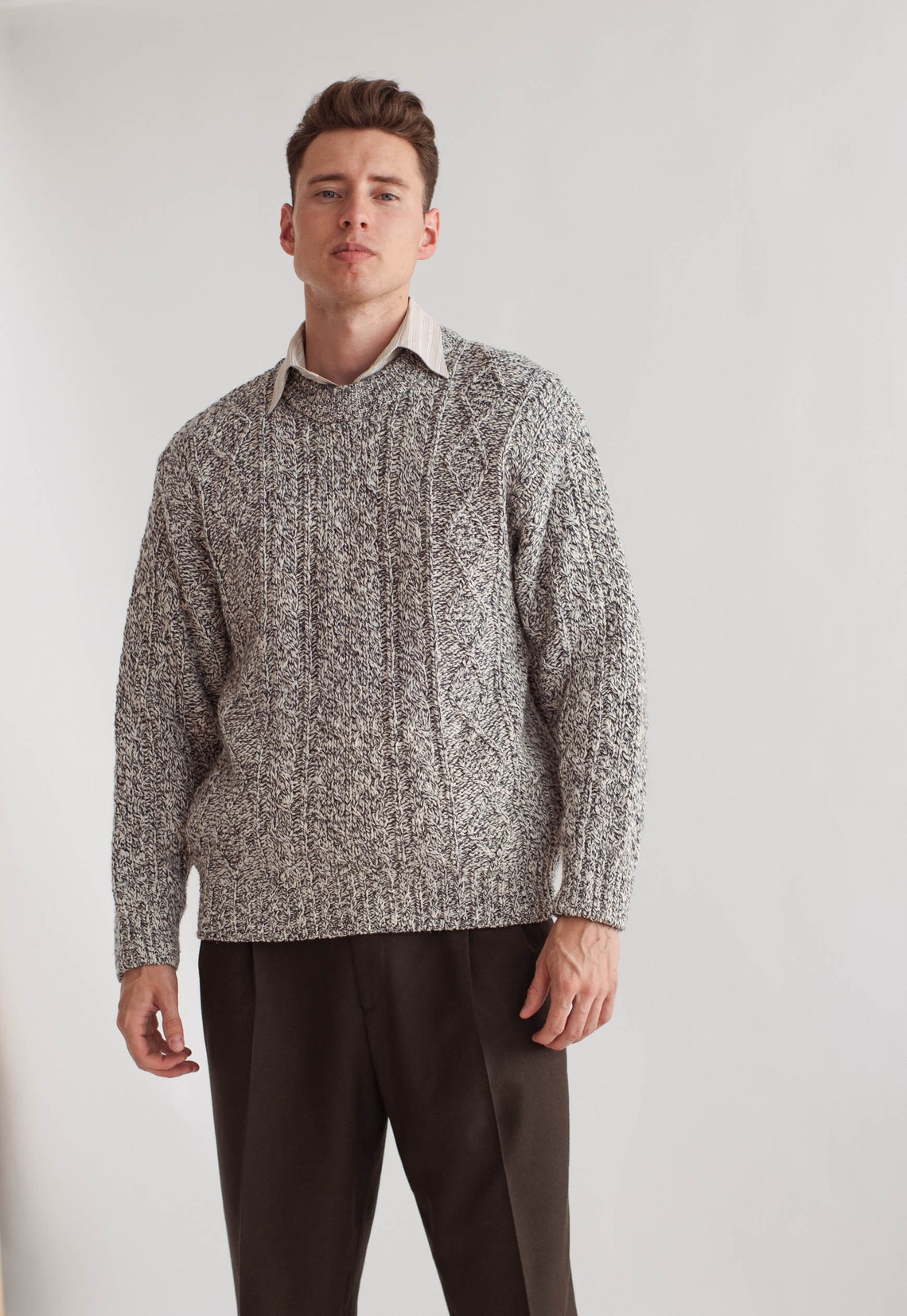 Vintage Heavyweight Mens Cable Knit Wool Sweater in Grey L Etsy