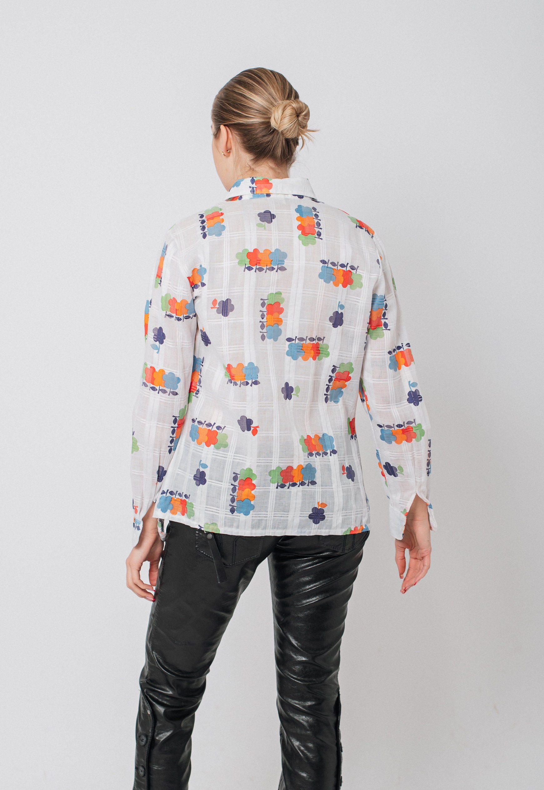 Vintage schiere Langarm Button Up Shirt in Floral Print Etsy