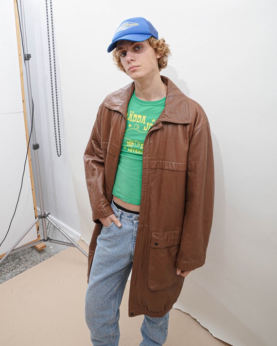 Buy Vintage 80s Soft Brown Leather Zip up Prolonged Jacket 