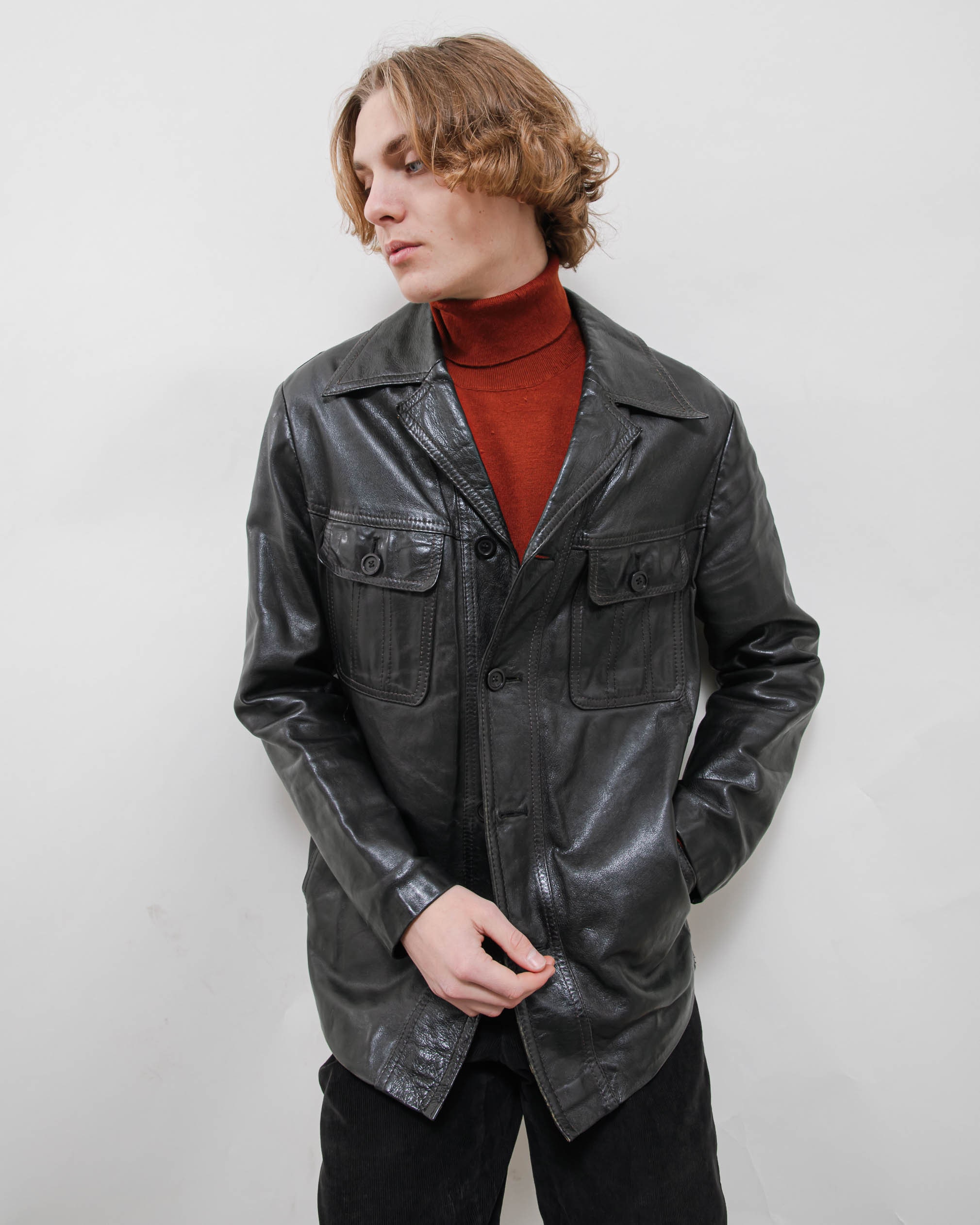 Vintage Y2k Grunge Minimal Black Leather Button up Jacket M