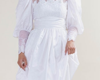 Vintage 80s High Neck Puffer Sleeve Maxi Wedding Dress S