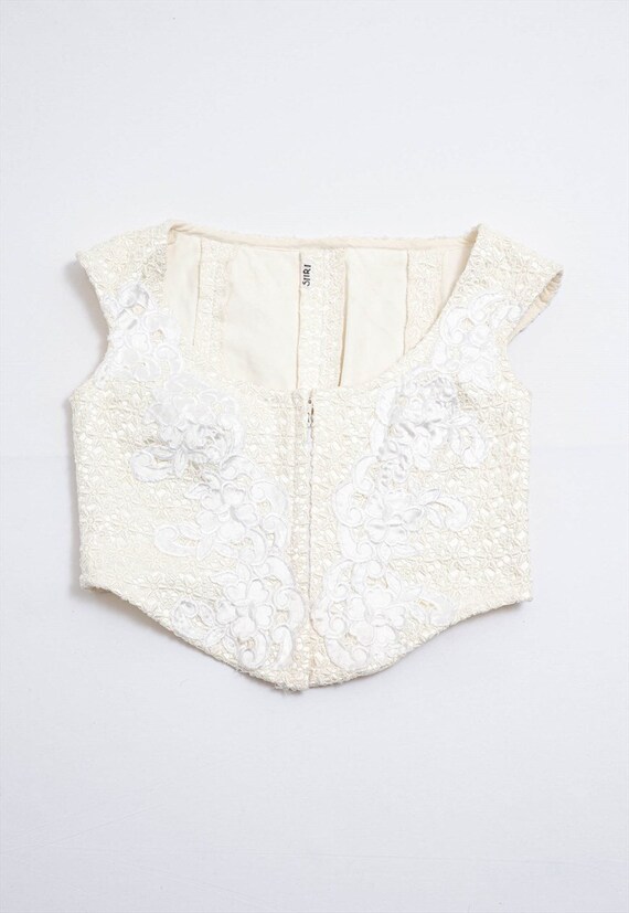 Vintage 80s Romantic White Lace Floral Zip Up Cor… - image 5