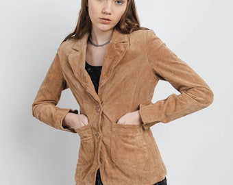 Vintage Y2k Fitted Button Up Brown Suede Women Jacket XS