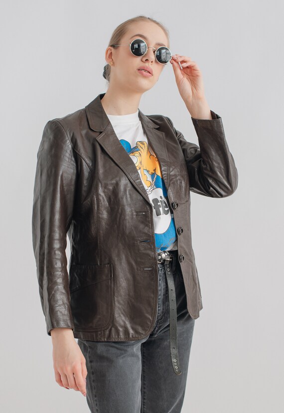Vintage Y2k Minimal Fitted Black Leather Button Up Jacket