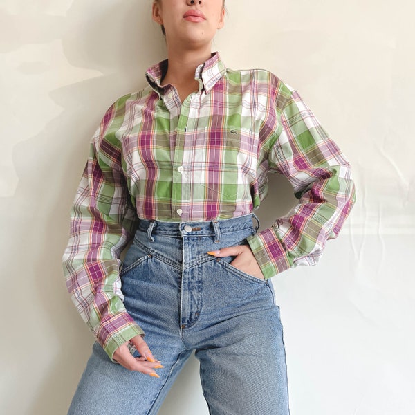 Vintage 90s Lacoste Grunge Crop Check Pattern Long Sleeve Shirt M