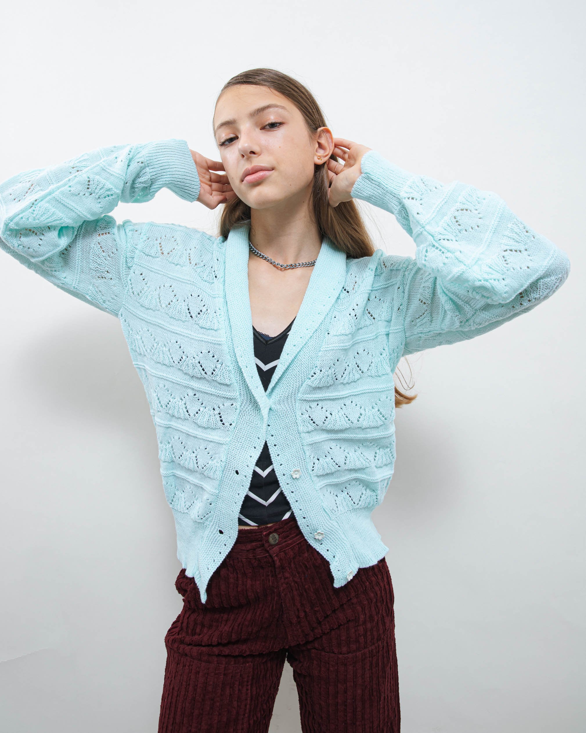 Vintage 60s Mint Flower Button Textured Knit Cardigan Women - Etsy