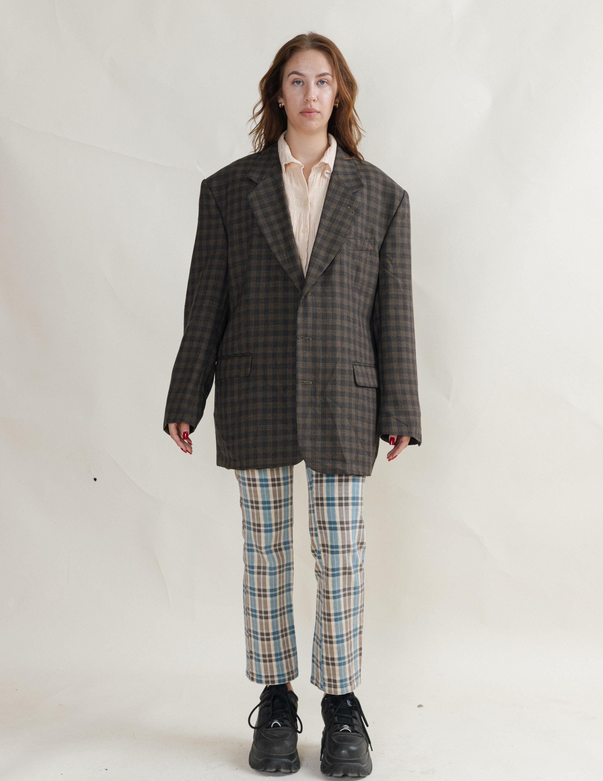 Blazer Vintage 80s Cuadros Clásico Marrón Gris Botones XXL Hombre