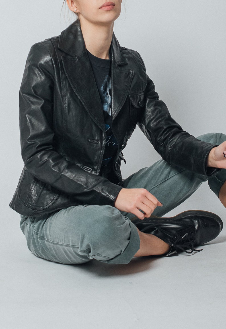 Vintage Y2k Minimal Fitted Black Leather Button Up Jacket