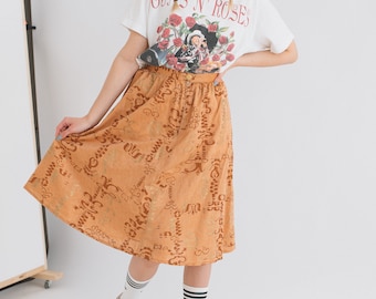 Vintage High Waist Abstract Printed Midi Skirt in Brown XS