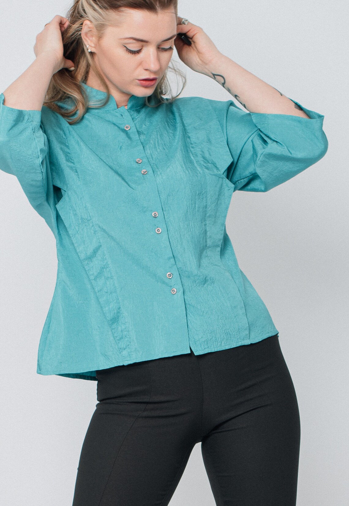 Vintage 80s 3/4 Sleeve Blouse in Shiny Electric Blue Etsy