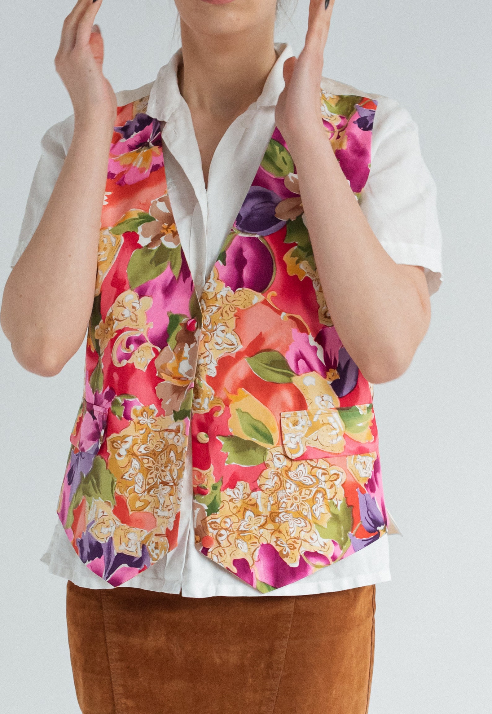 Vintage Button Up Floral Printed Silk Vest M Etsy