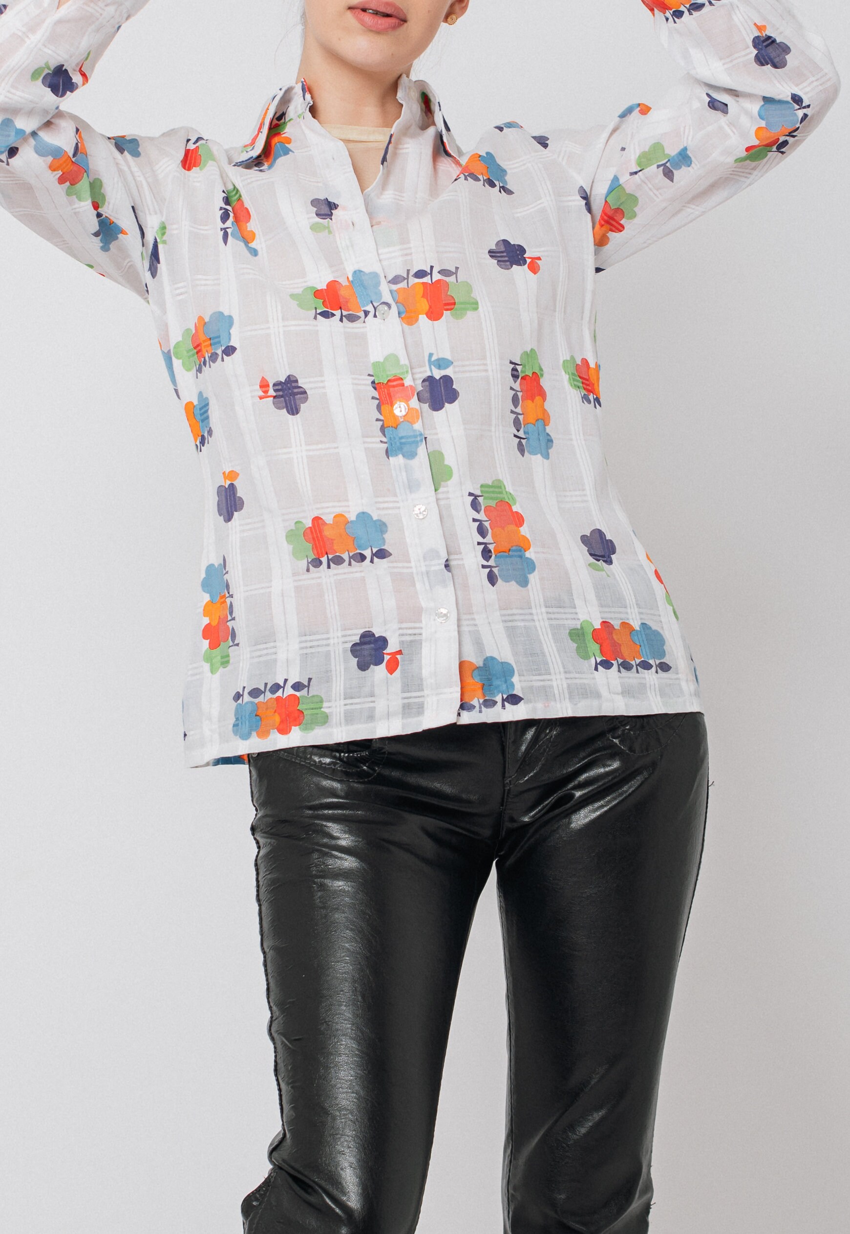 Vintage schiere Langarm Button Up Shirt in Floral Print Etsy