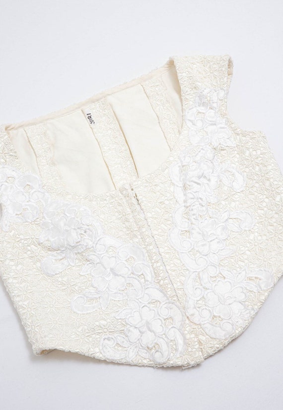 Vintage 80s Romantic White Lace Floral Zip Up Cor… - image 2