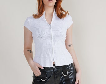 Top vintage Y2k Nara Camicie slim fit con zip bianco testurizzato M/L