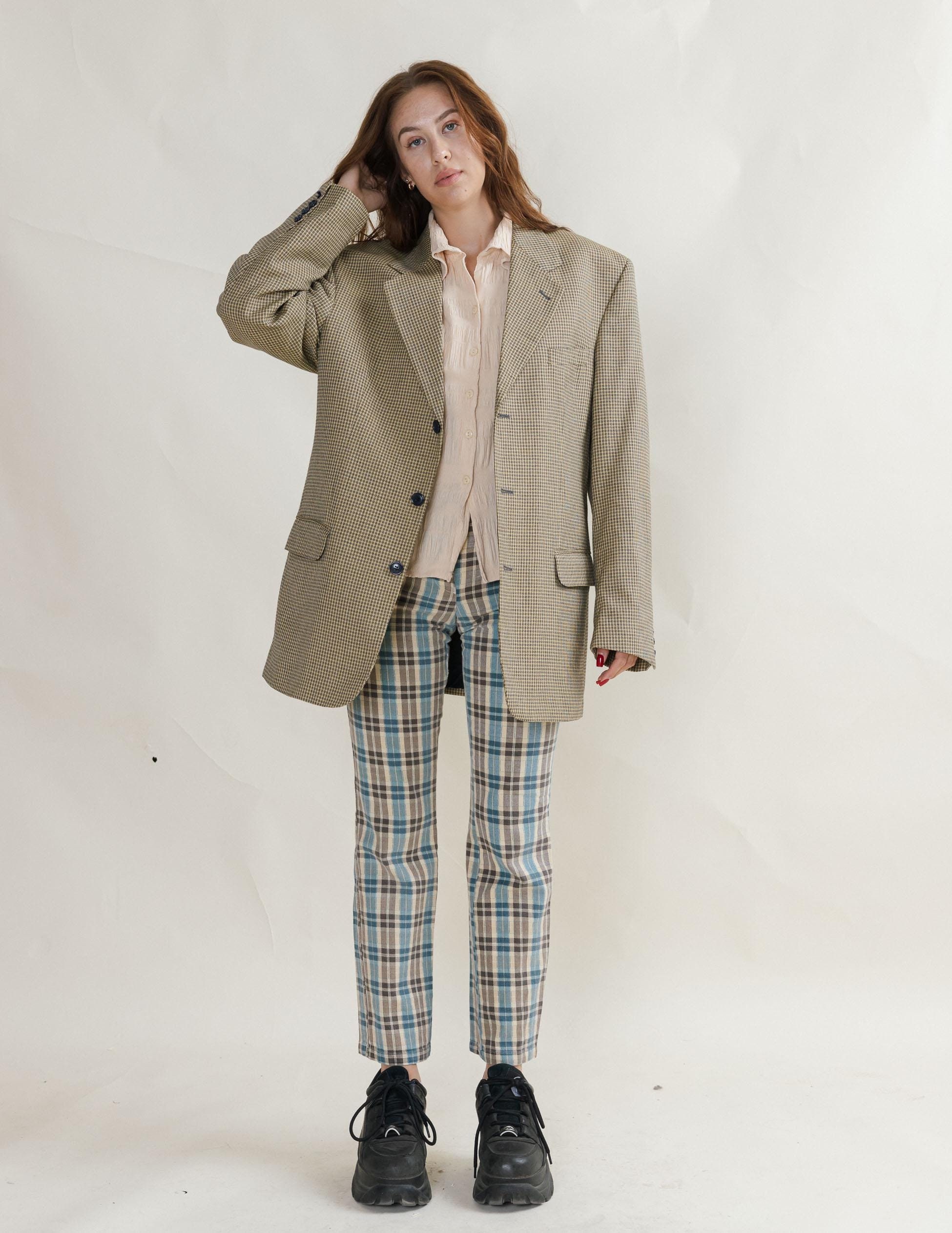 Vintage 80s Checkered Classic Light Brown Button Up Blazer