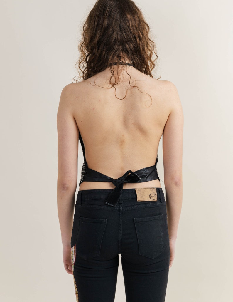 Vintage Y2k Disco Shiny Black Open Back Vest Top XL/XXL Etsy