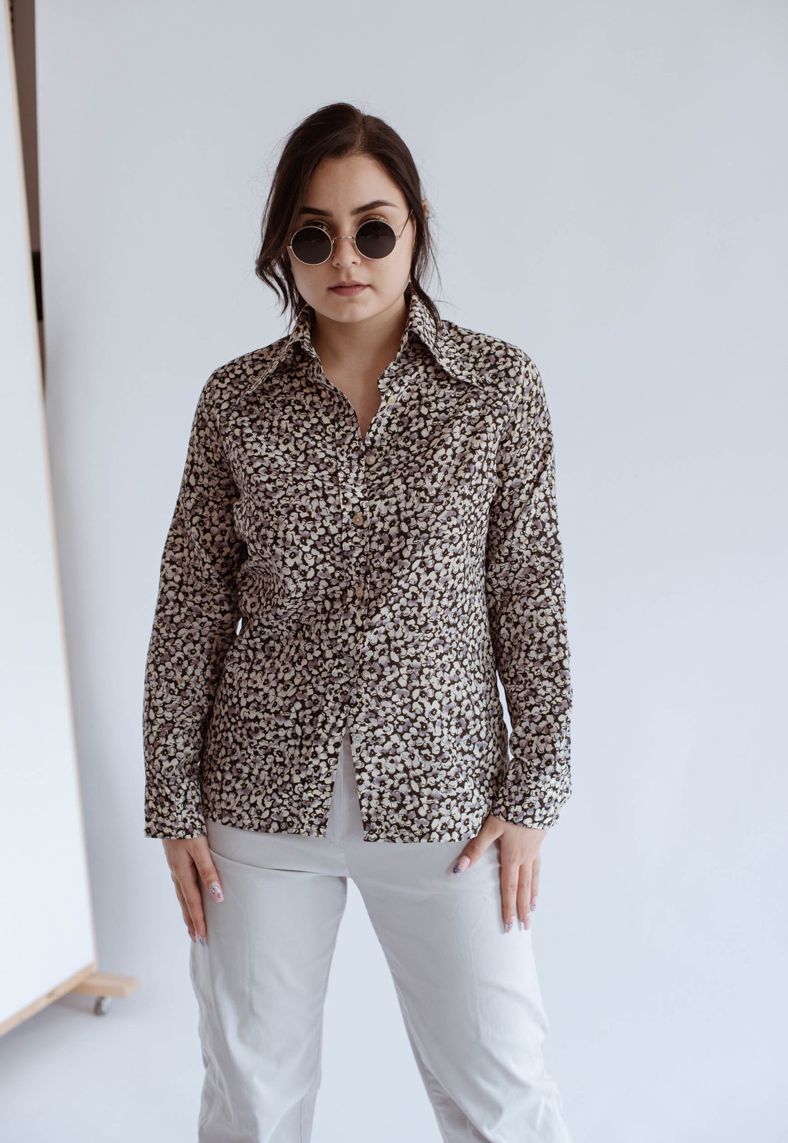 Vintage Dagger Collar Fitted Blouse en Ditsy Floral Print M Etsy