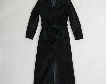 Vintage 90s Grunge Black Leather Maxi Button Up Coat S