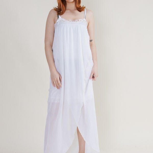 Vintage 80s Maxi Pleated Strappy White Slip Dress Gown L West Germany