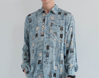Vintage 90s Long Sleeve Abstract Printed Shirt in Blue L/XL