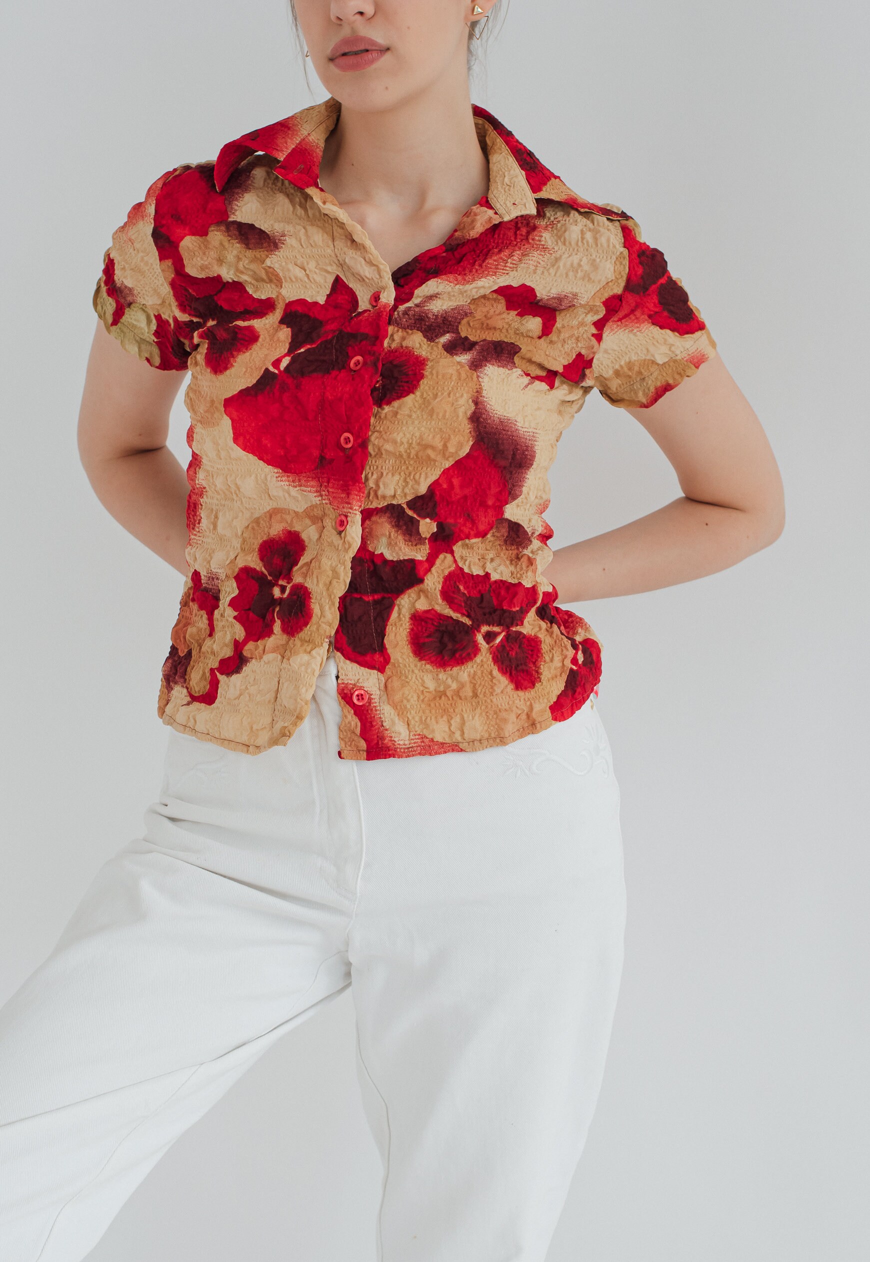 Vintage Fitted Popcorn Textured Shirt Top in Floral Print XS | Etsy