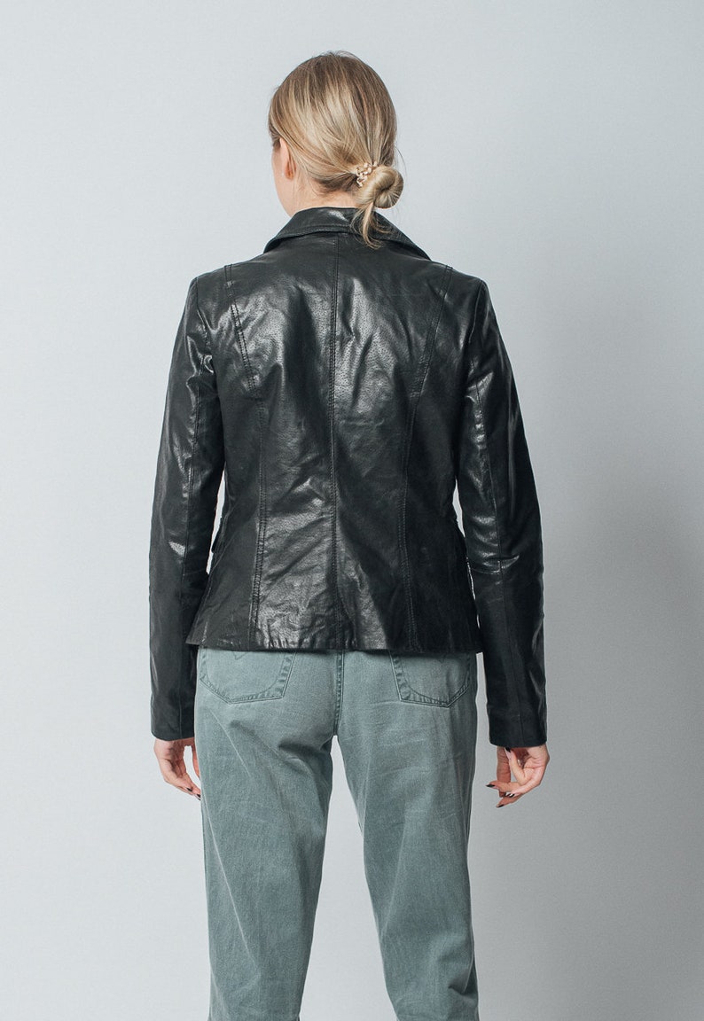 Vintage Y2k Minimal Fitted Black Leather Button Up Jacket