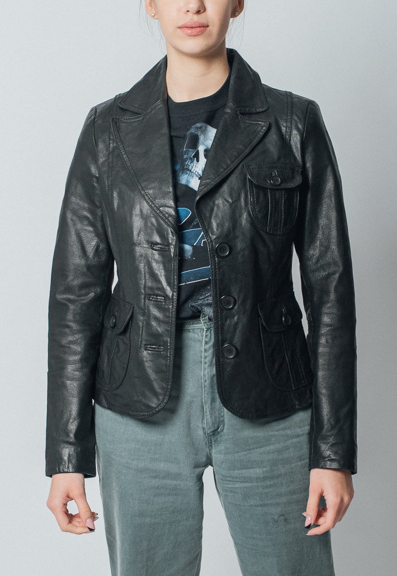 Vintage Y2k Minimal Fitted Black Leather Button Up Jacket