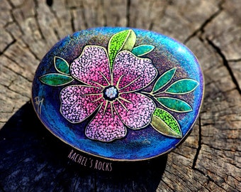 Pink and chrome. Dotted flower. Hand painted Lake Superior stone.  Size approx 5 inches.