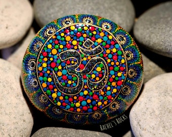 Colourful OM. Hand painted Lake Superior stone. Size approx 4.5 inches.