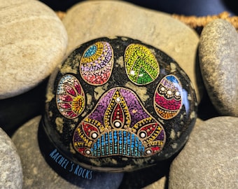 Dotted Zentangle paw print. Hand painted Lake Superior stone. Size approximately 4 inches.